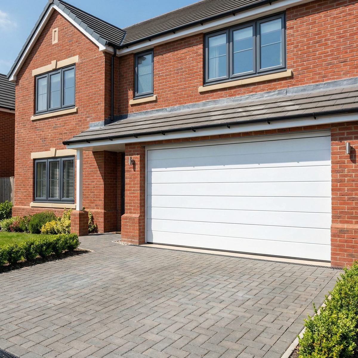 New white sectional garage door fitted to a red brick new-build home