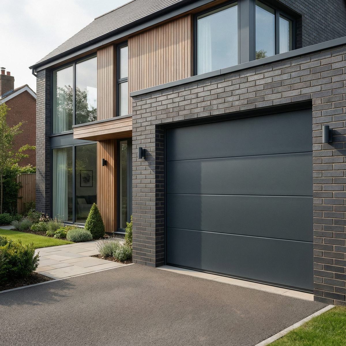 Dark grey sectional garage door on a modern grey brick house